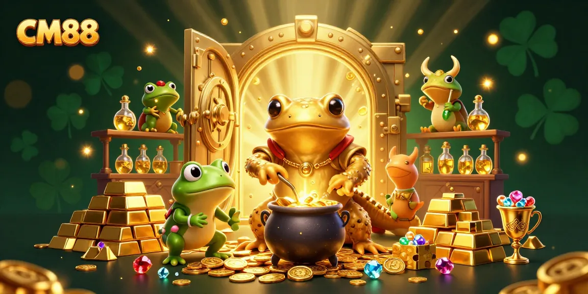Experience the magic of CM88 with this vibrant casino-themed illustration showcasing golden riches and alchemy.