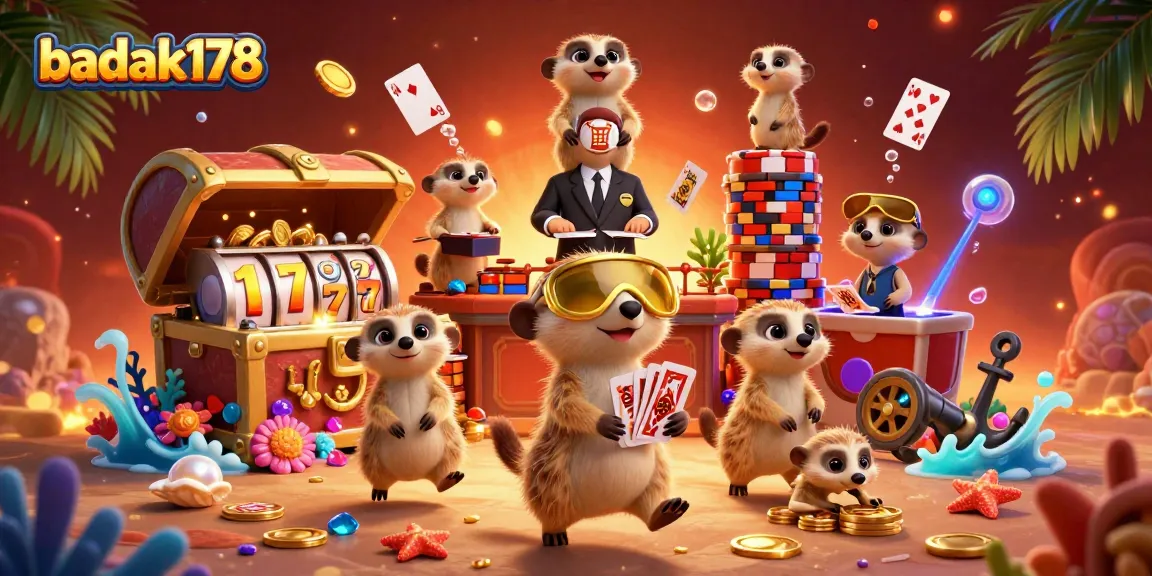 Experience the thrilling world of badak178 with meerkats managing a vibrant casino operation filled with slot reels and golden treasures.