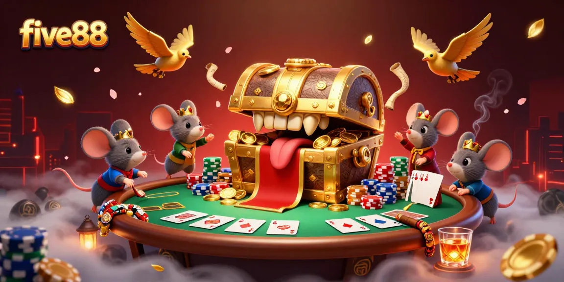Experience thrilling games at five88 as adventure mice chase golden riches in this vibrant scene.