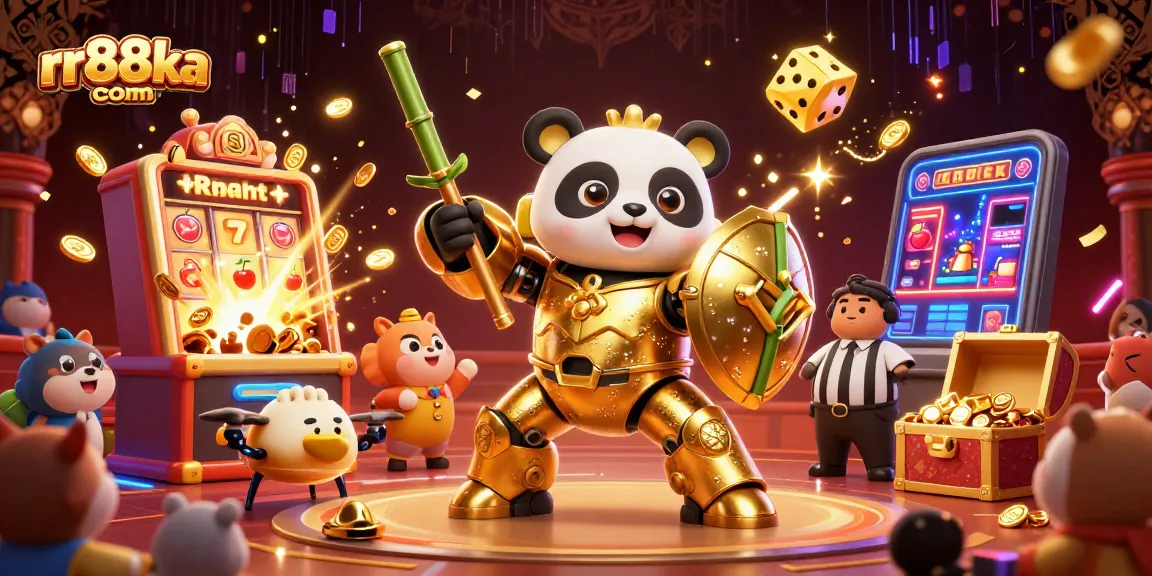 Experience thrilling gameplay at rr88ka com with a mech-suit panda in a vibrant casino scene.