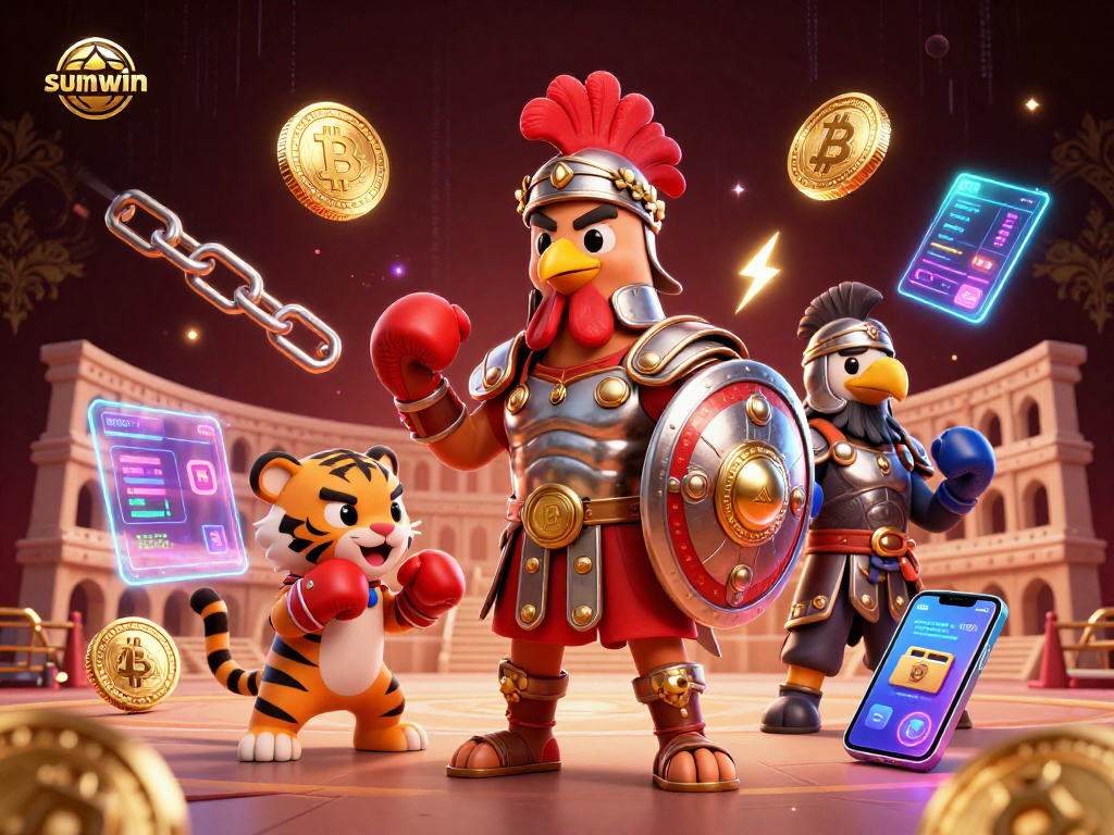 Engage with sunwin's thrilling 3D gladiator rooster and tiger cub, surrounded by cryptocurrency excitement.