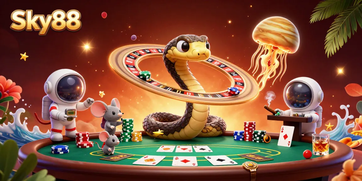 Experience thrilling betting action with Sky88 as cartoon characters engage in fun gambling activities.