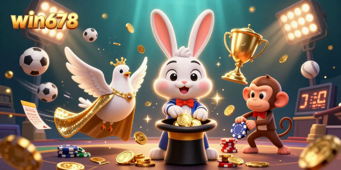 Win678 offers thrilling casino action with a magician rabbit and glamorous characters amidst magical elements.