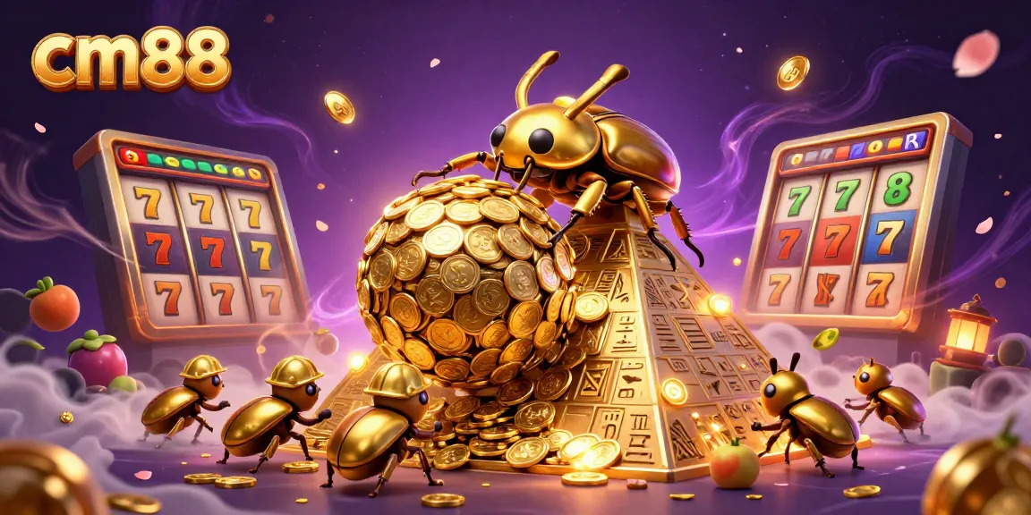 Play exciting jackpot games at cm88, featuring a golden dung beetle rolling coins amidst vibrant casino elements.