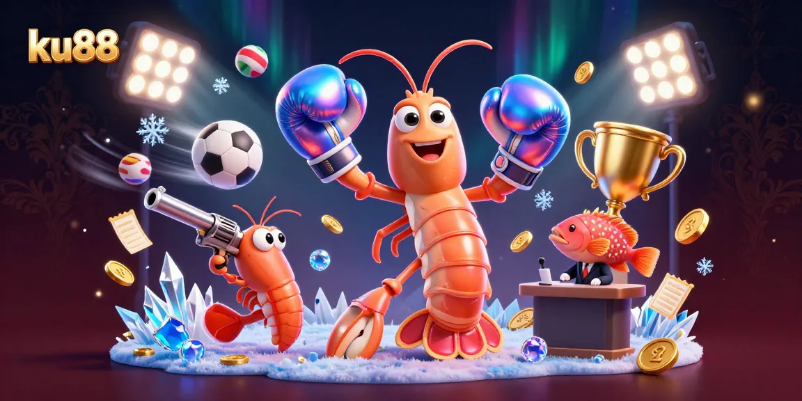 ku88 showcases an epic showdown with colorful shrimp characters amidst dynamic sports elements.