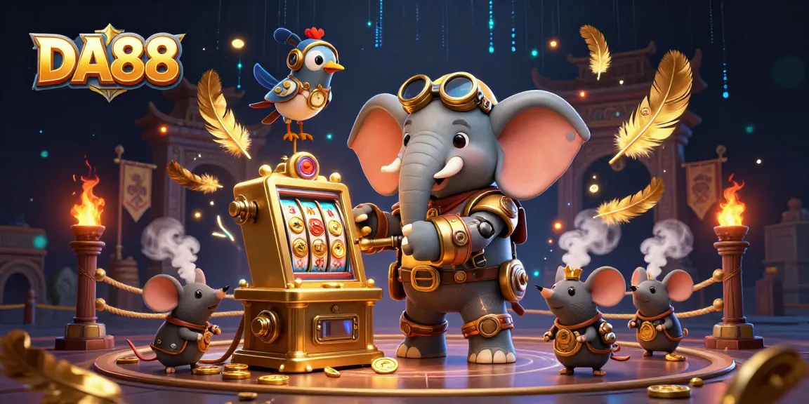 DA88 promotes winning excitement with a steampunk elephant and golden slots in a thrilling casino scene.