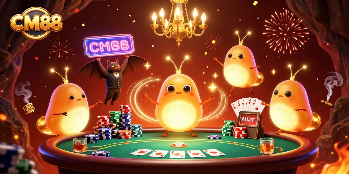 CM88's enchanting glowworms illuminate a lively casino scene with colorful poker elements.