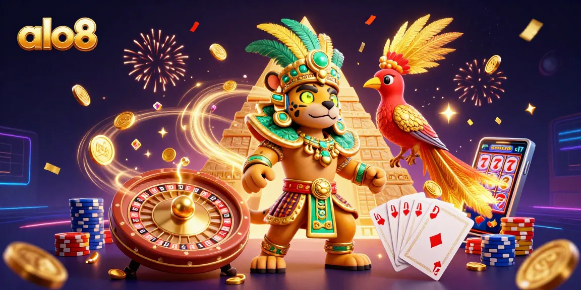 Experience the thrilling excitement of gambling at ALO8 with stunning visuals of casino elements.
