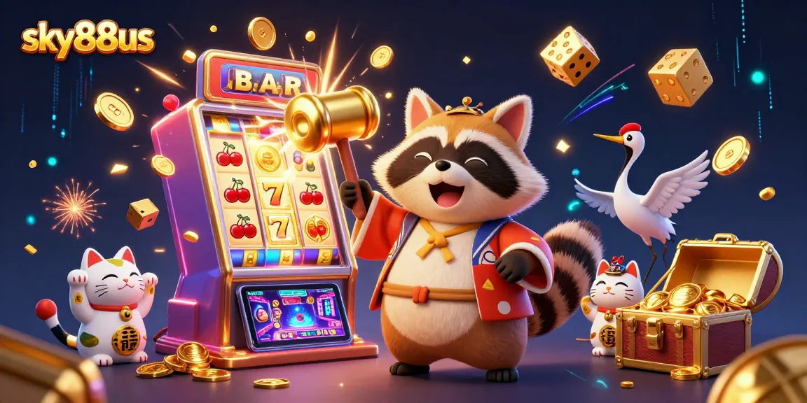 Experience the excitement of sky88us with lively casino characters and jackpot elements in a vibrant scene.