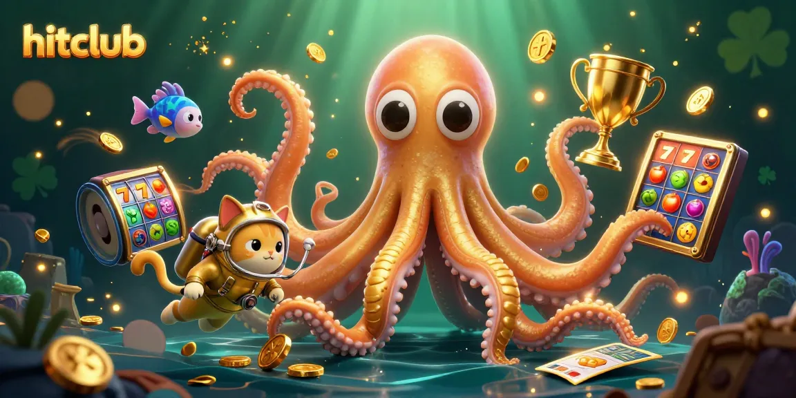 Join the fun at hitclub with an exhilarating underwater scene featuring a colossal kraken and vibrant diving cat.