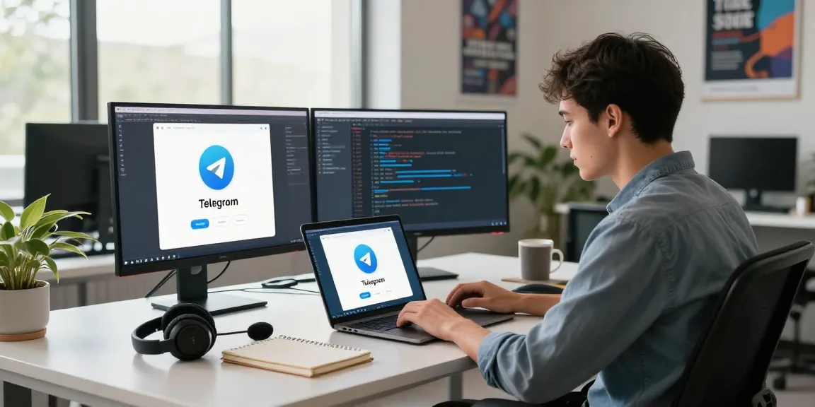 Download Telegram in a modern tech workspace with a developer working on software.