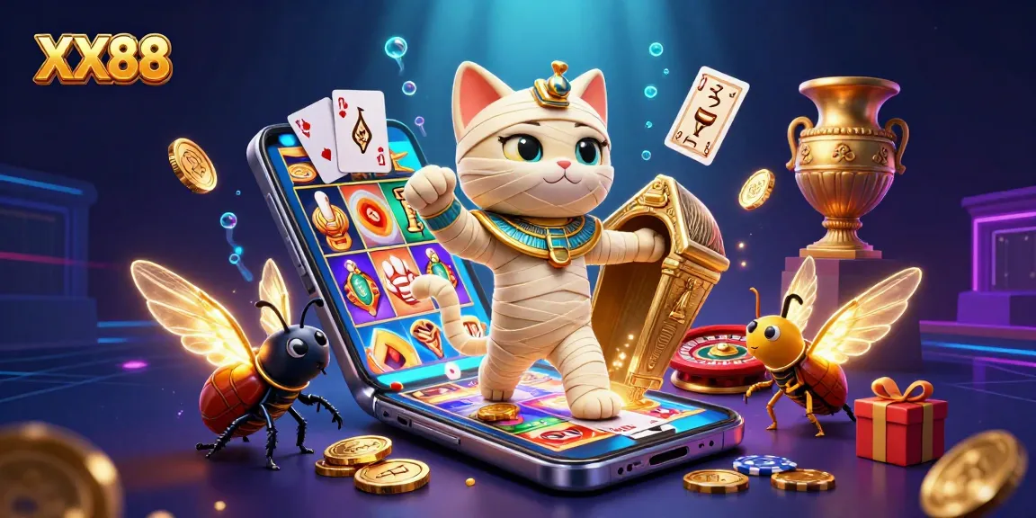 Experience the thrill of XX88 as an Egyptian mummy cat emerges in a vibrant casino scene.