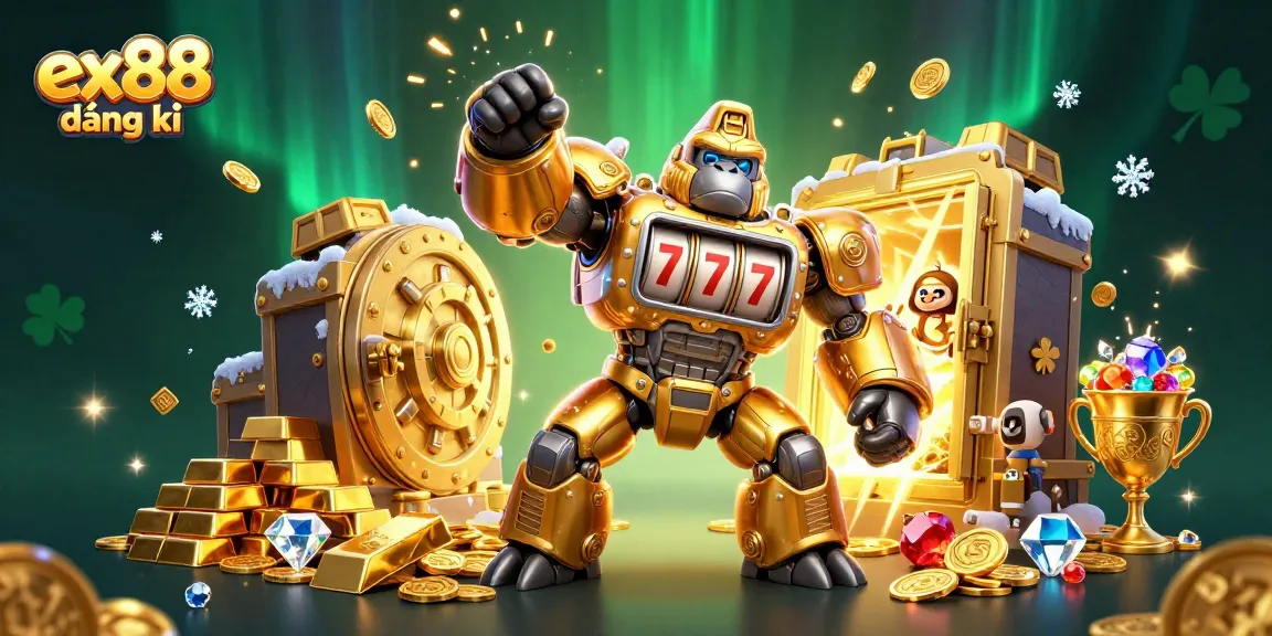 Experience ex88 đăng ký with thrilling rewards as coins explode from a mechanical gorilla mech in action.
