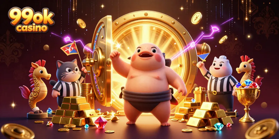 99ok casino showcases a vibrant underwater scene with a puffed fugu and wise catfish amidst treasure.