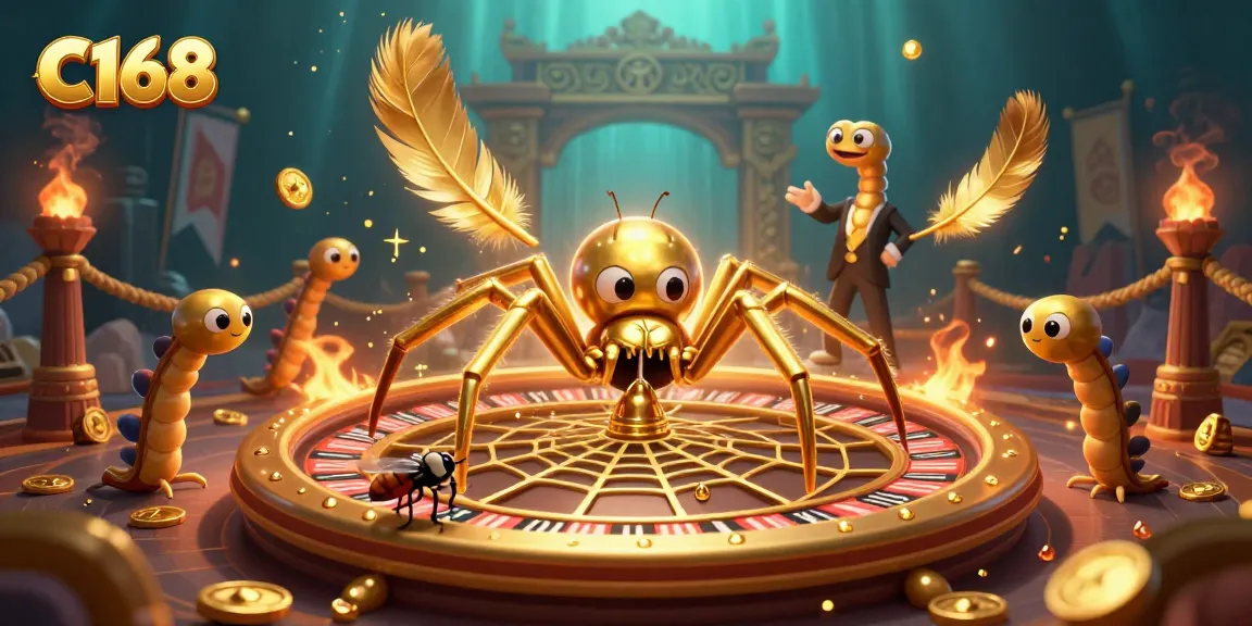Bet on C168's massive roulette wheel spun by a golden spider in a vibrant casino scene.