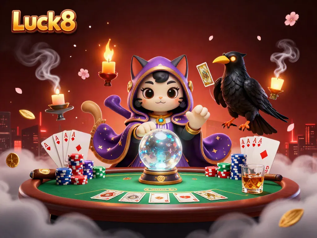 Engage with Luck8 in a vibrant casino atmosphere, featuring a mystic cat and glowing raven amidst poker excitement.