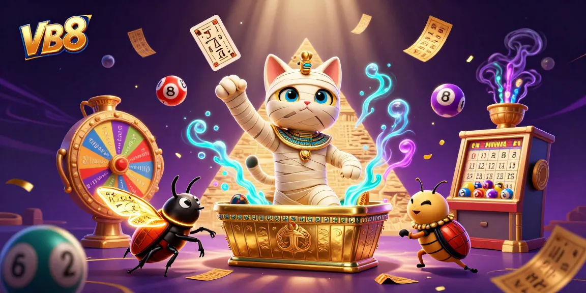 Win big at VB8 with this vibrant 3D illustration of an Egyptian mummy cat in a pyramid casino.