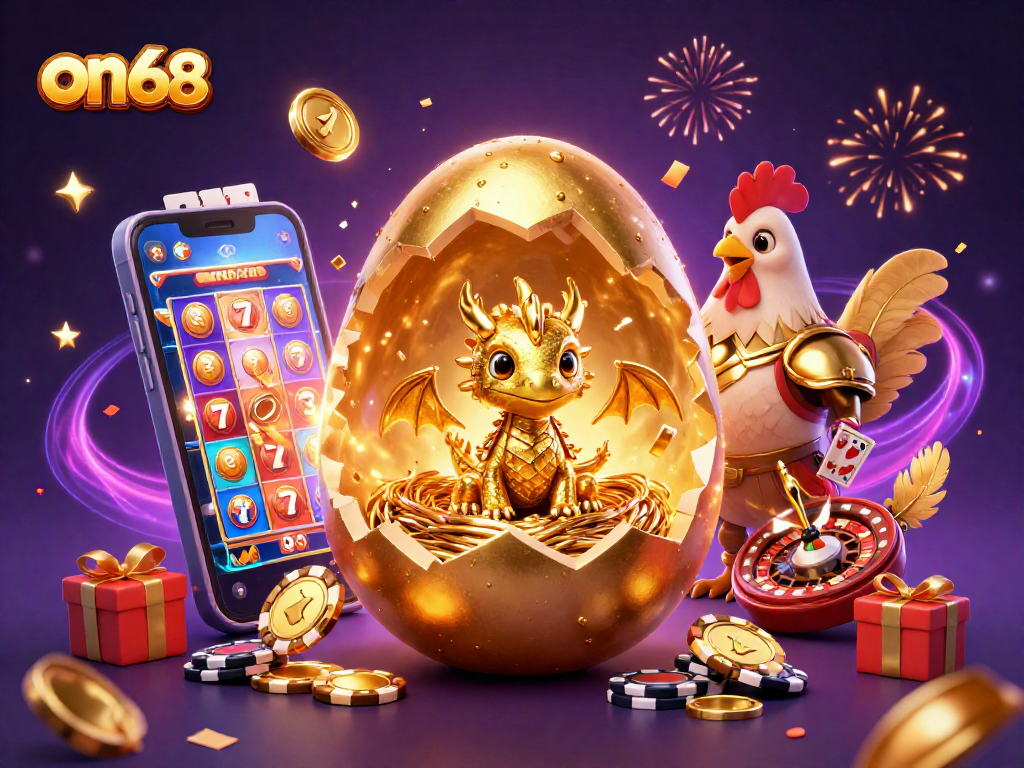 Experience the excitement of on68 with a dazzling display of casino themes featuring a golden dragon, poker chips, and vibrant slot elements.