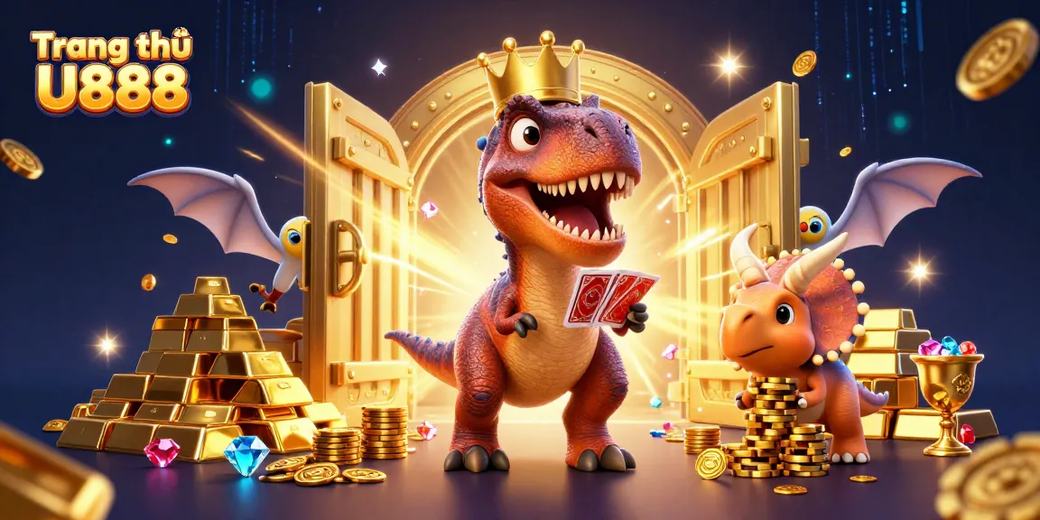 Engage with thrilling games on Trang chủ U888 while a T-Rex and friends shuffle cards and stack coins amidst treasure.