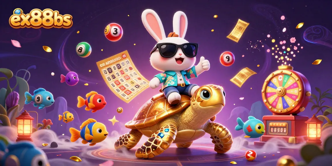 Engage in exciting lottery adventures with ex88bs as a lucky rabbit and golden turtle celebrate winnings.