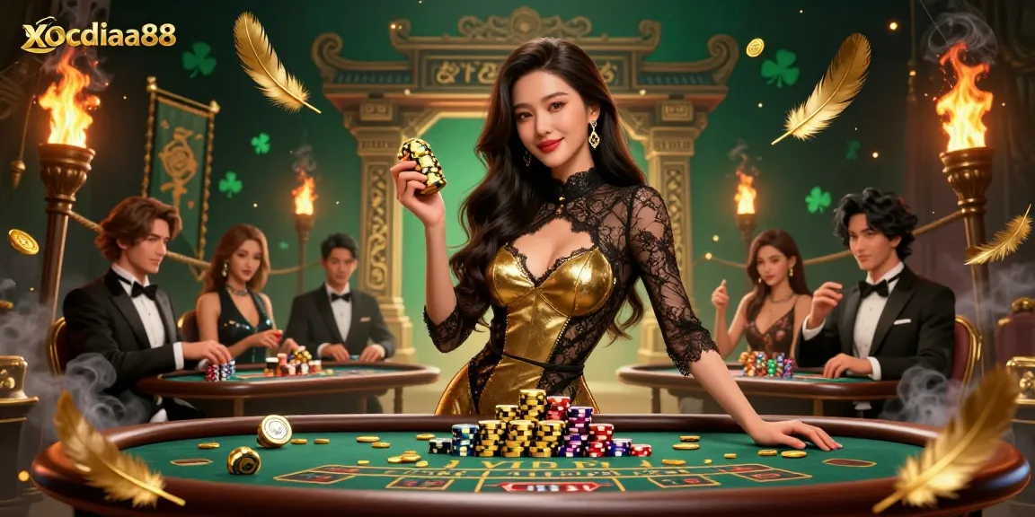 xocdiaa88 showcases an elegant Asian woman confident at a baccarat table, capturing high-stakes casino excitement.