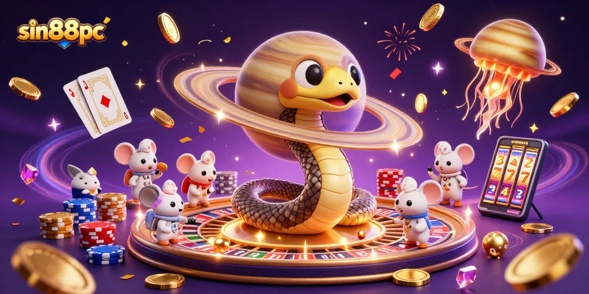 sin88pc showcases a vibrant 3D cosmic casino scene with bettors placing wagers amidst animated galactic elements.