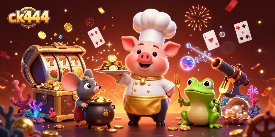 Experience the excitement of ck444 casino with a vibrant 3D illustration featuring lively characters and gold treasures.