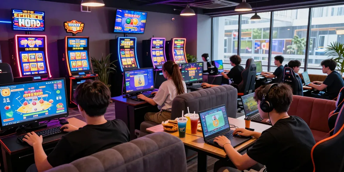 Exciting gaming lounge at giftsforgirls.in.net with players enjoying card and slot games in a vibrant atmosphere.