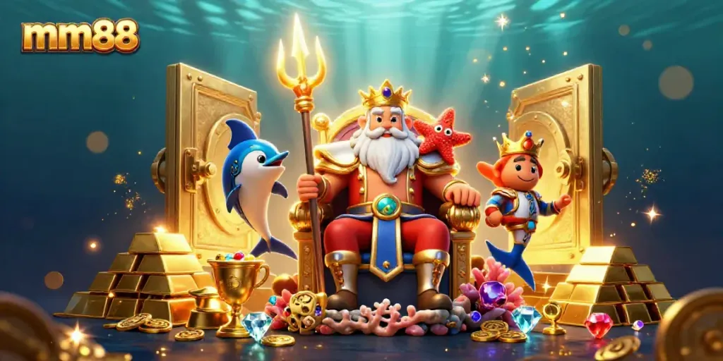 Experience the thrilling mm88 adventure with Neptune and treasure in this vibrant casino-themed illustration.