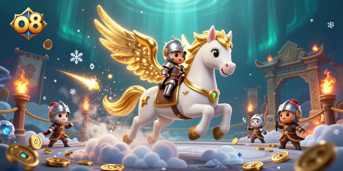 Experience thrilling gaming action at o8 with a celestial horse and knight in an epic casino adventure.