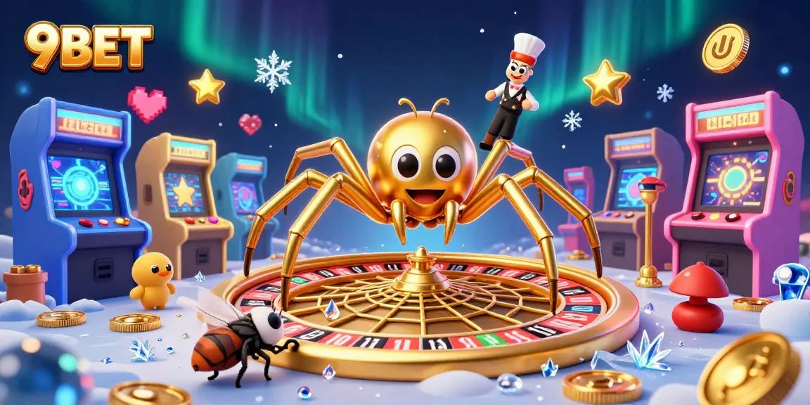 Engage in thrilling bets with 9BET as a cartoon spider spins an impressive roulette wheel in a captivating digital casino.