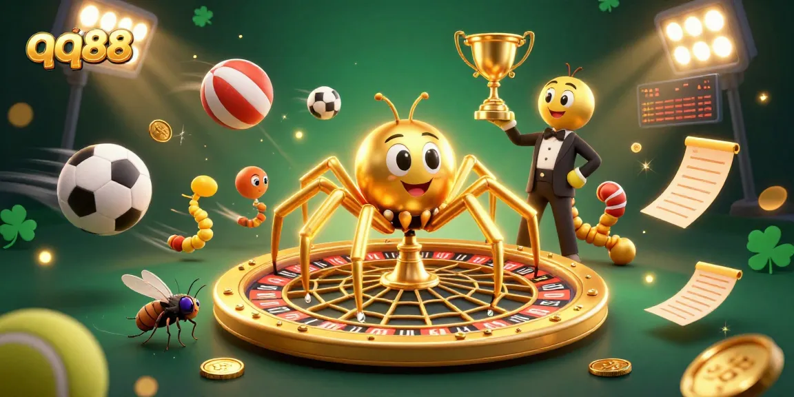 Experience the thrilling qq88 betting scene with a golden spider and centipede in a dynamic casino web.