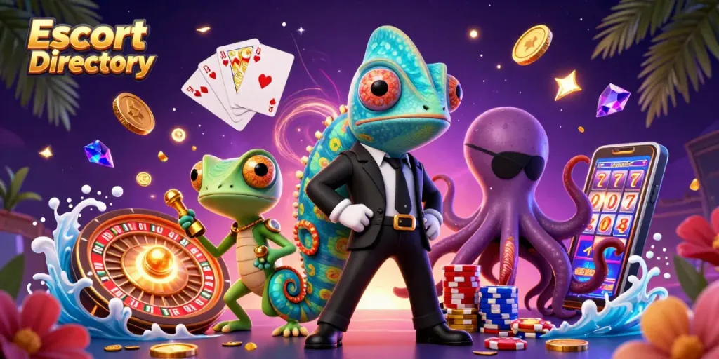 Engage with the Escort Directory showcasing vibrant 3D characters amidst casino elements like golden coins and a spinning roulette wheel.