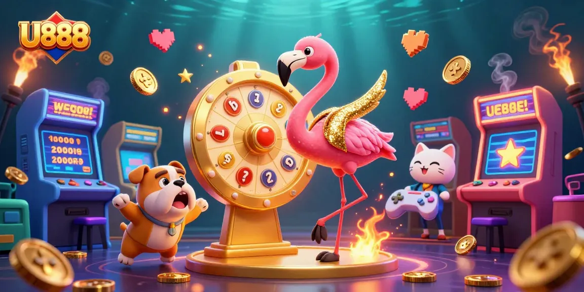 U888 engaging scene with flamingo game show host spinning the wheel and excited bulldog contestant.