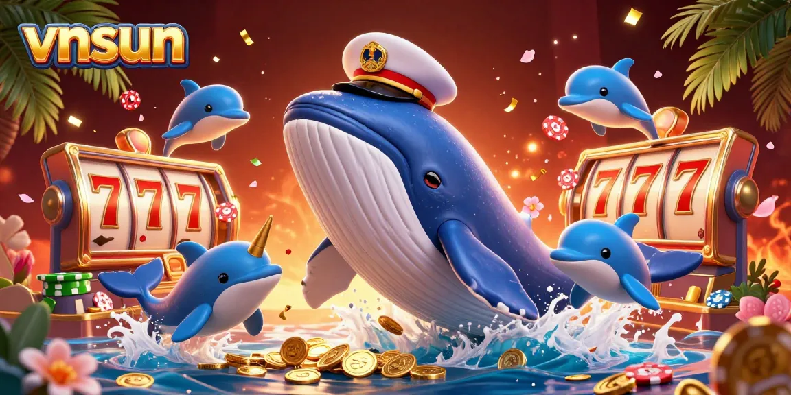 Experience exciting gameplay at vnsun as a whale breaches through coins, surrounded by playful dolphins and slot reels.