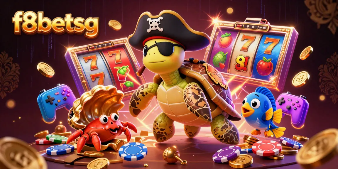 Engage with vibrant, thrilling f8betsg cartoon casino scene featuring a pirate turtle, hermit crab, and parrotfish among slot reels.