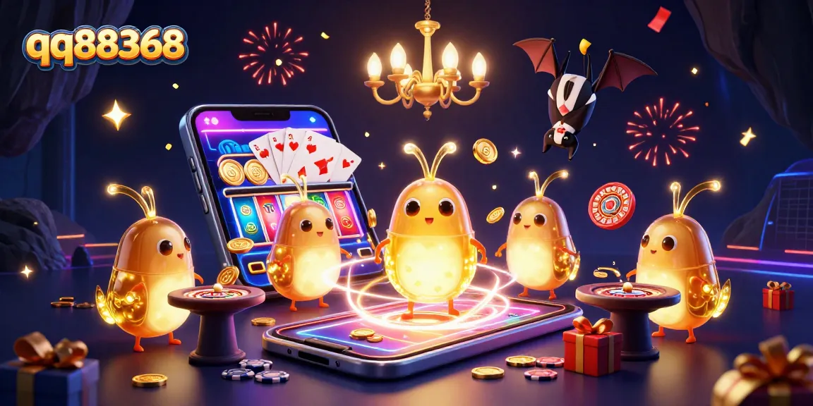 Engage with qq88368's vibrant casino scene featuring glowworms and a bat dealer.