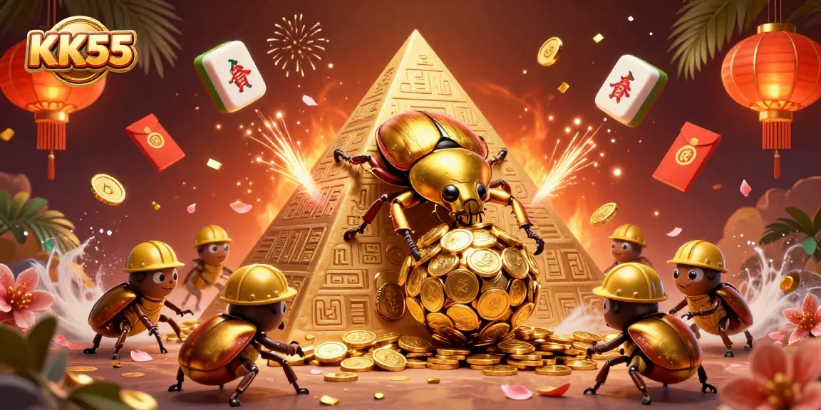 Experience the thrill of KK55 with a dynamic 3D scene showcasing a golden beetle and casino symbols.