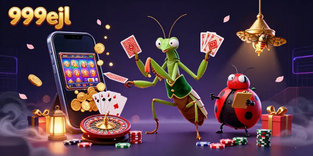 Experience the thrill of the 999eejl casino with vibrant characters and dynamic games in a colorful illustration.