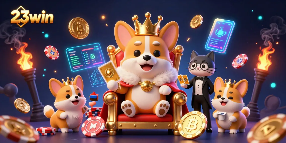 Play and win big with 23win, featuring a corgi royal throne and crypto elements