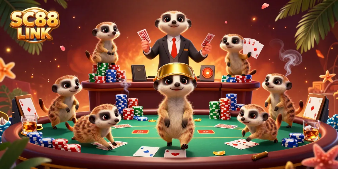 Engage with the vibrant SC88 LINK casino scene featuring meerkats managing thrilling poker games.