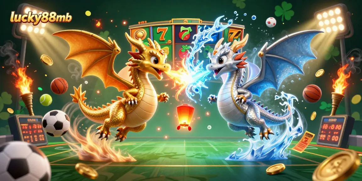 Experience the excitement of lucky88mb with dynamic dragons in an energetic casino illustration.
