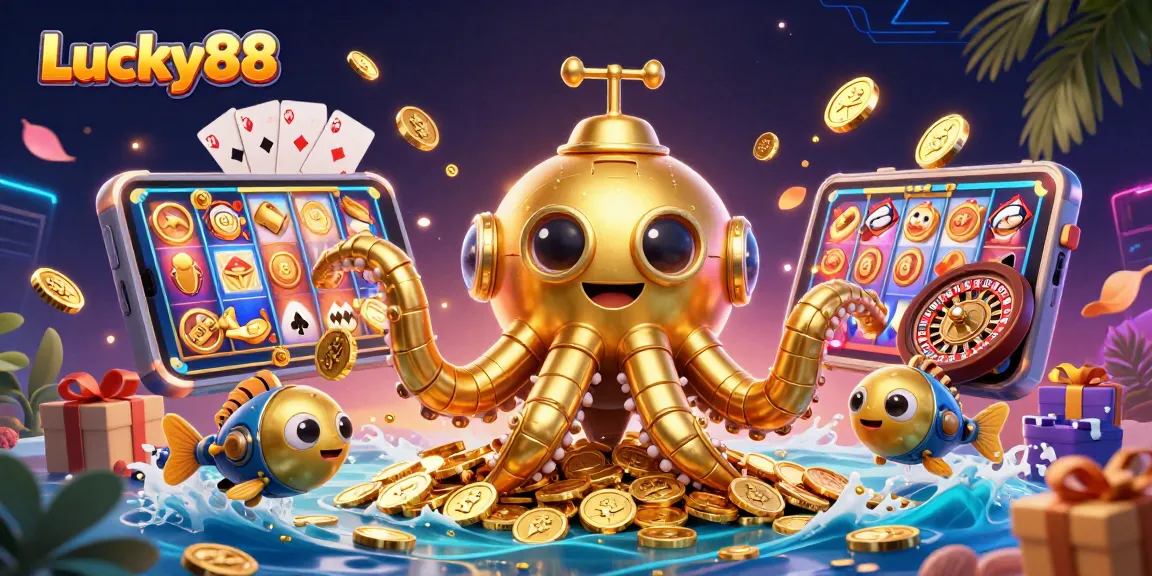 Spin and win with Lucky88, featuring a kraken submarine amidst coins and slot games.