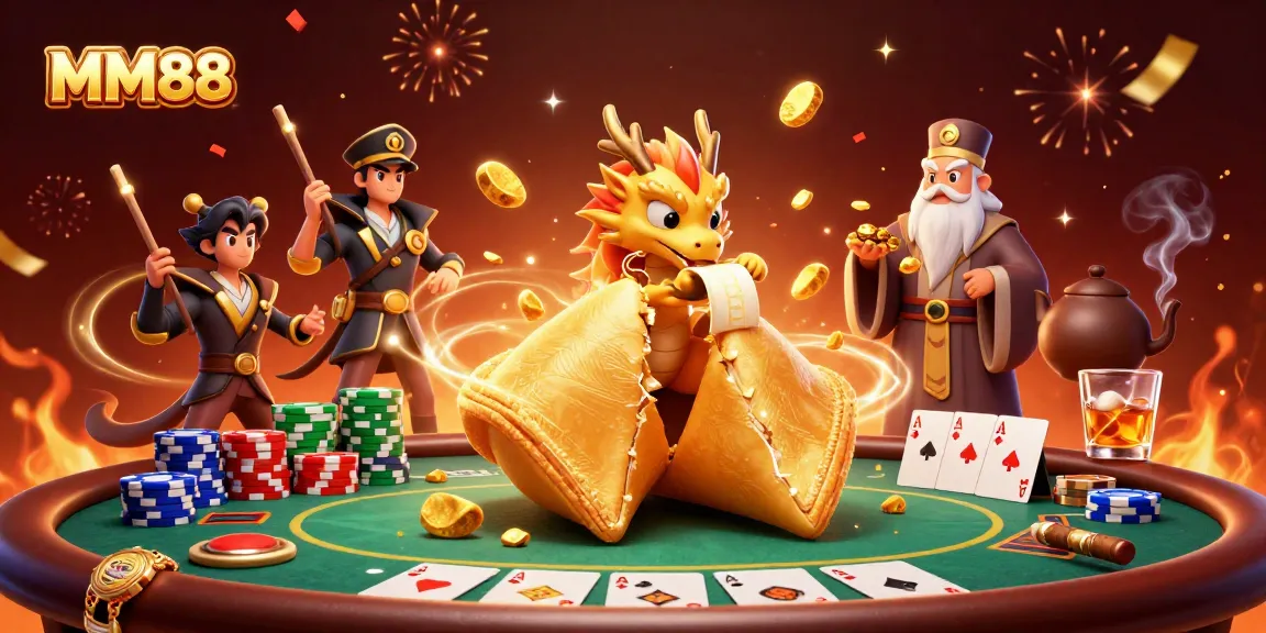 Engage in thrilling gameplay with MM88, featuring a rich 3D cartoon scene of poker excitement and lucky elements.