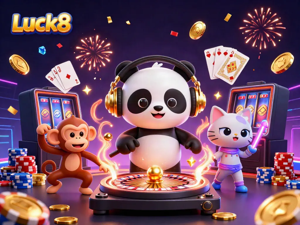 Experience the vibrant energy of Luck8 with a DJ panda and a breakdancing monkey in a lively casino scene.