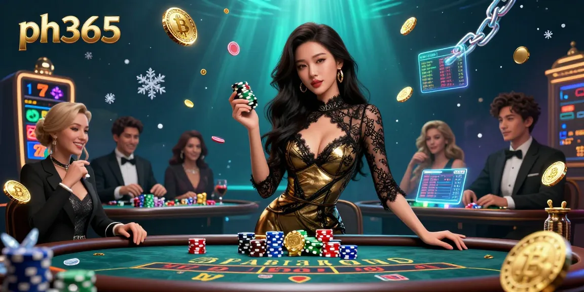 Engage in thrilling baccarat at ph365, where a glamorous player showcases high-value casino chips amidst vibrant crypto elements.