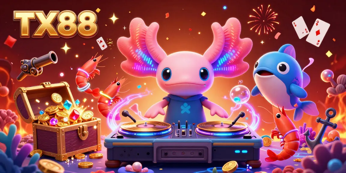 Join the fun at TX88 with a neon axolotl DJ and lively underwater casino elements.