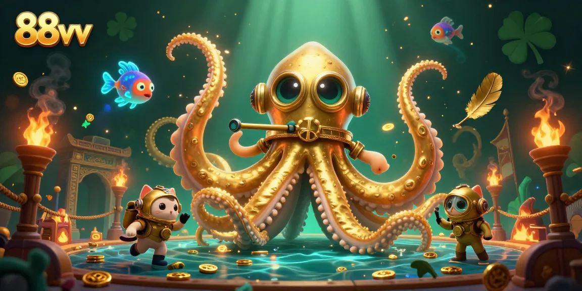 88vv's colossal kraken and diving cat create dynamic gambling excitement in this vibrant illustration.