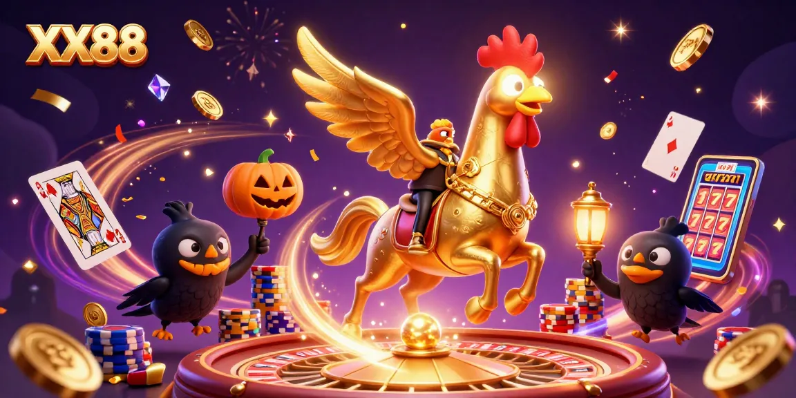 Experience the thrilling vibe of XX88 Casino with a golden rooster in a dynamic midnight scene.